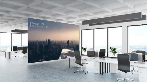Office with a hanging TOGETHER WE WILL GET THERE skyline fabric frame banner.