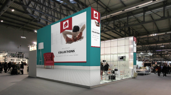Tradeshow structure with Collections branding and a glass meeting space.